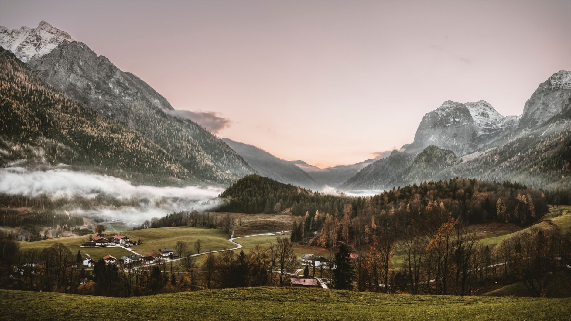 Dolomites jagged peaks covered in morning mist